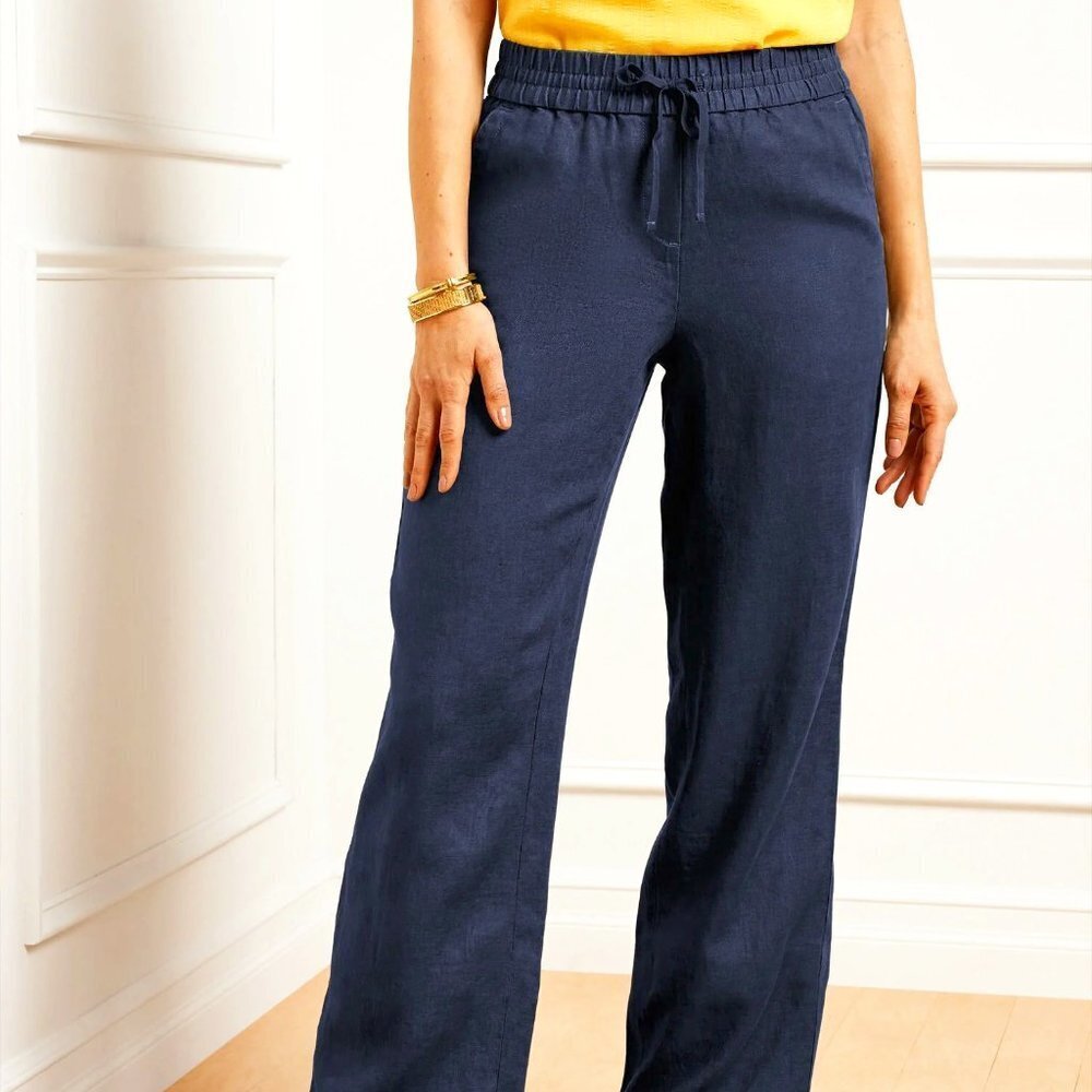 Talbots Drawstring Pants Women's Size 14P Navy Blue 100% Linen Wide Leg Casual